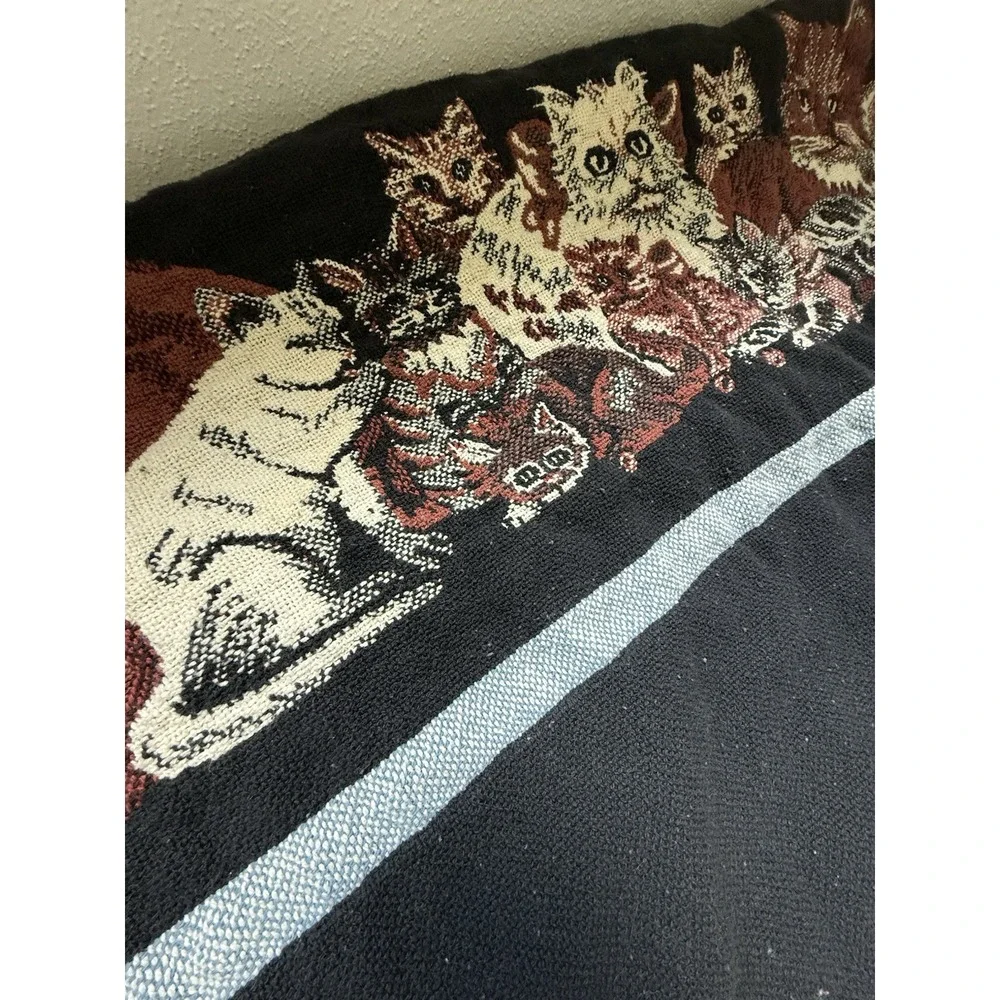 Vintage 90s Tapestry Throw Blanket Playful Cats Persian Cat w/ Fringe 1992